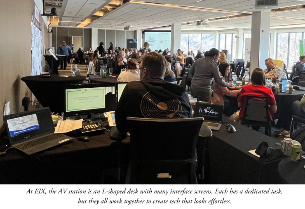 Backon view of a conference room with a person sitting at a table that has five screen interfaces. In the foreground is a group of conference attendees. There are big windows and a view.